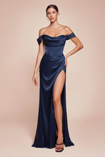 CD 7492C - Off the Shoulder Stretch Satin Fit & Flare Prom Gown with Boned Bodice & Leg Slit PROM GOWN Cinderella Divine 18 NAVY