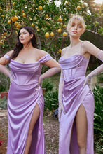 CD 7492 C - Off the Shoulder Stretch Satin Fit & Flare Prom Gown with Boned Bodice & Leg Slit PROM GOWN Cinderella Divine   