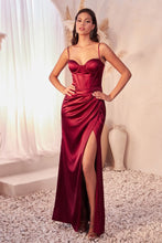 CD 7495 - Stretch Satin Fit & Flare Prom Gown with Boned V-Neck Bodice Lace Up Corset Back & Leg Slit PROM GOWN Cinderella Divine 2 BURGUNDY 