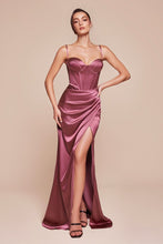 CD 7495 - Stretch Satin Fit & Flare Prom Gown with Boned V-Neck Bodice Lace Up Corset Back & Leg Slit PROM GOWN Cinderella Divine 4 MAUVE ROSE