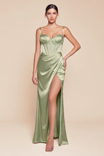 CD 7495 - Stretch Satin Fit & Flare Prom Gown with Boned V-Neck Bodice Lace Up Corset Back & Leg Slit PROM GOWN Cinderella Divine 4 SAGE