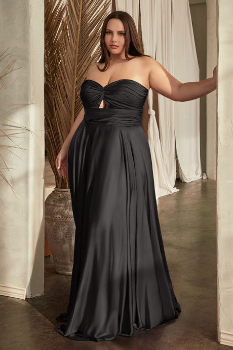 CD 7496C - Plus Size Strapless Stretch Satin A-Line Prom Gown with Keyhole Bodice PROM GOWN Cinderella Divine 18 BLACK 