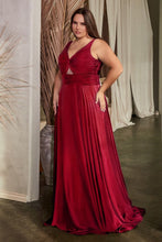 CD 7497C - Plus Size Stretch Satin A-Line Prom Gown with Ruched Keyhole Bodice PROM GOWN Cinderella Divine 18 BURGUNDY 