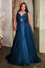 CD 7497C - Plus Size Stretch Satin A-Line Prom Gown with Ruched Keyhole Bodice PROM GOWN Cinderella Divine 18 NAVY 