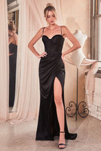 CD 7498 - Stretch Satin Fit & Flare Prom Gown with Boned Corset Bodice & Leg Slit PROM GOWN Cinderella Divine 4 BLACK 