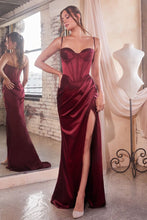 CD 7498 - Stretch Satin Fit & Flare Prom Gown with Boned Corset Bodice & Leg Slit PROM GOWN Cinderella Divine 4 BURGUNDY 
