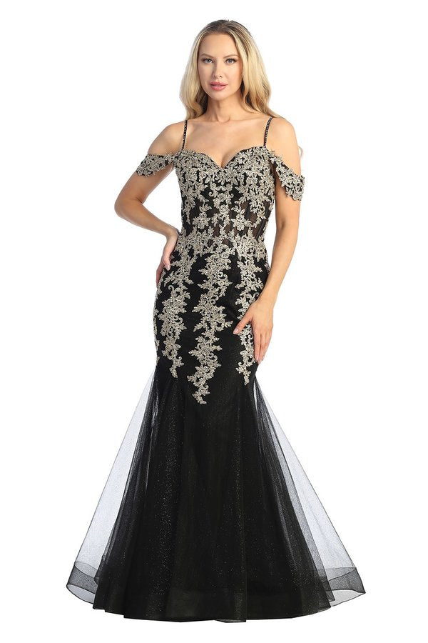 LF 7745 - Beaded Lace Embellished Fit & Flare Prom Gown with Sheer Corset Bodice & Tulle Skirt PROM GOWN Let's Fashion XS BLACK 