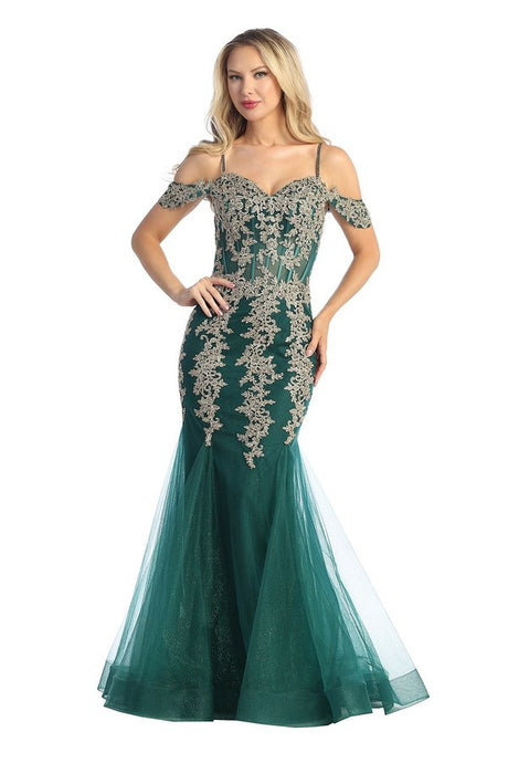 LF 7745 - Beaded Lace Embellished Fit & Flare Prom Gown with Sheer Corset Bodice & Tulle Skirt PROM GOWN Let's Fashion XS EMERALD 