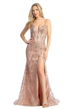 LF 7860 - Glitter Print Fit & Flare Prom Gown with Boned Corset Bodice & Leg Slit PROM GOWN Let's Fashion XS ROSE GOLD 