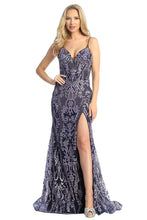 LF 7860 - Glitter Print Fit & Flare Prom Gown with Boned Corset Bodice & Leg Slit PROM GOWN Let's Fashion XS PURPLE 