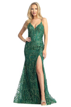 LF 7860 - Glitter Print Fit & Flare Prom Gown with Boned Corset Bodice & Leg Slit PROM GOWN Let's Fashion XS EMERALD 