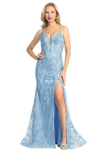 LF 7860 - Glitter Print Fit & Flare Prom Gown with Boned Corset Bodice & Leg Slit PROM GOWN Let's Fashion XS BABY BLUE 