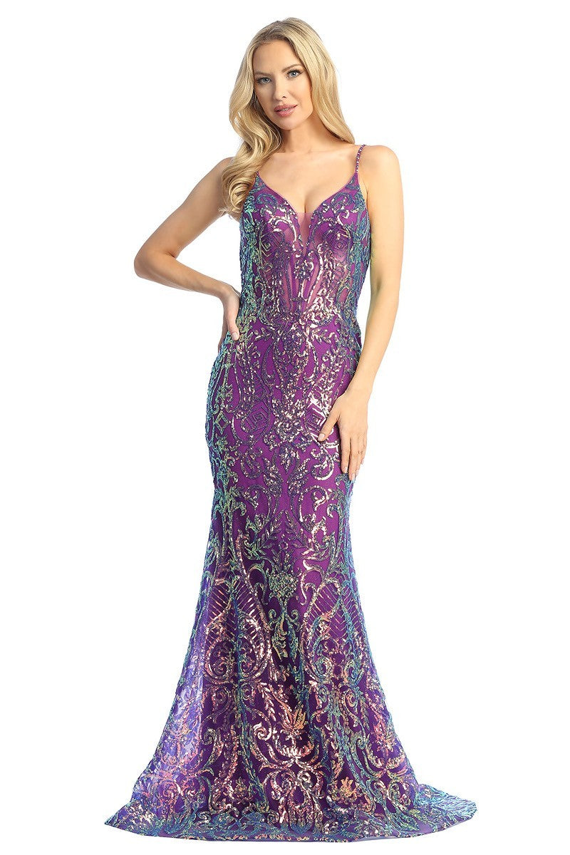 LF 7864 - Iridescent Sequin Print Fit & Flare Prom Gown with Lace Up C Diggz Formals LF 7864 - Iridescent Sequin Print Fit & Flare Prom Gown with Lace Up C Diggz Formals