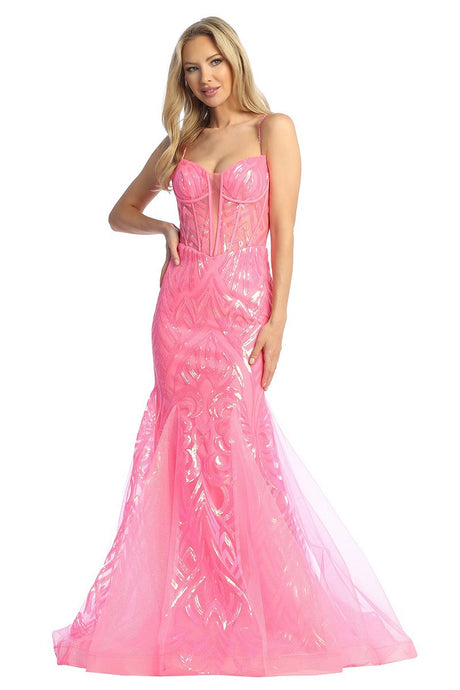 LF 7870 - Sequin Patterned Fit & Flare Prom Gown with Sheer Boned Corset Bodice & Open Lace Up Back PROM GOWN Let's Fashion XS HOT PINK 