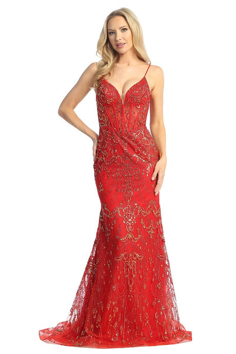 LF 7872 - Glitter Detailed Fit & Flare Prom Gown with Sheer Corset Bodice & Open Lace Up Back