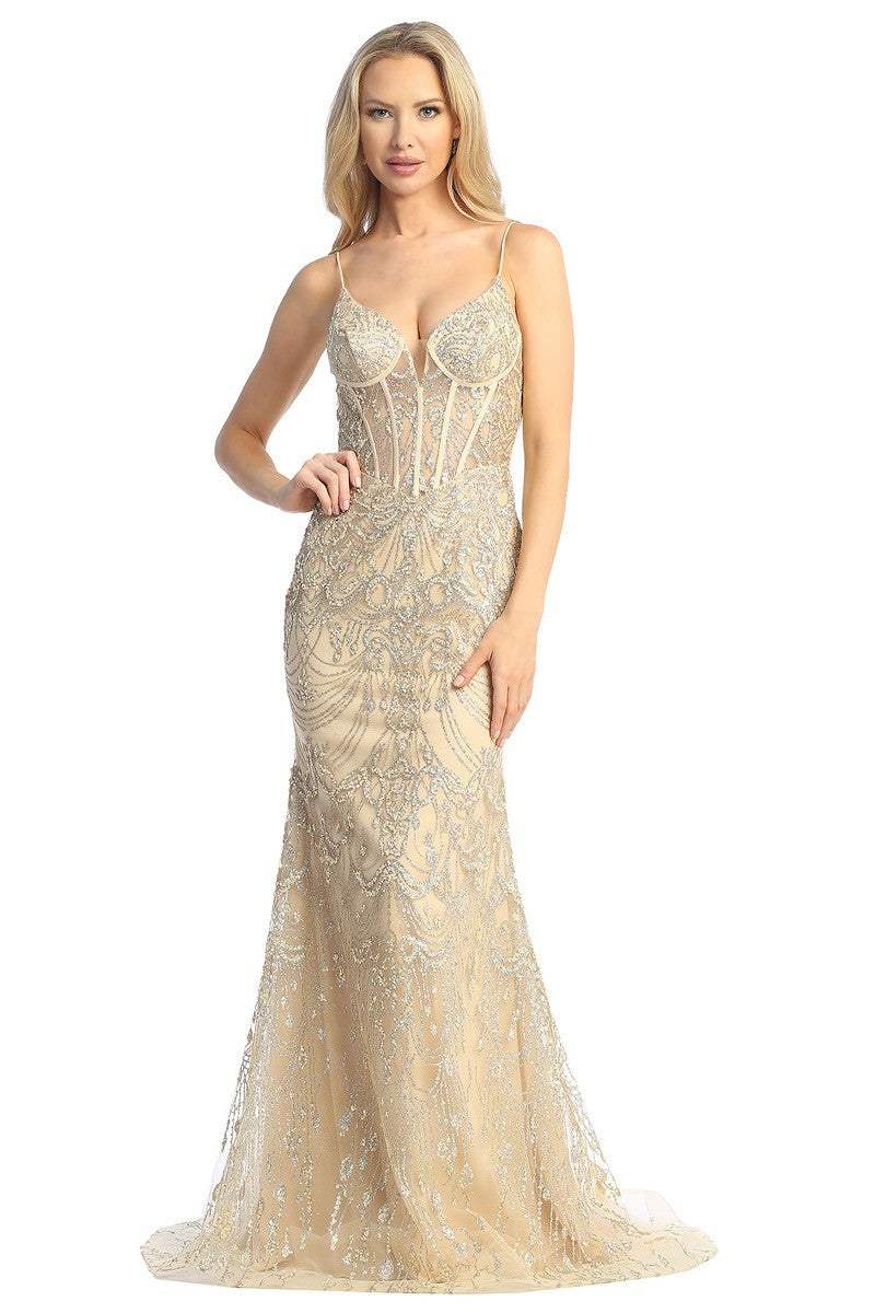 LF 7872 - Glitter Detailed Fit & Flare Prom Gown with Sheer Corset Bodice & Open Lace Up Back 3XL / ORANGE LF 7872 - Glitter Detailed Fit & Flare Prom Gown with Sheer Corset Bodice & Open Lace Up Back 3XL / ORANGE