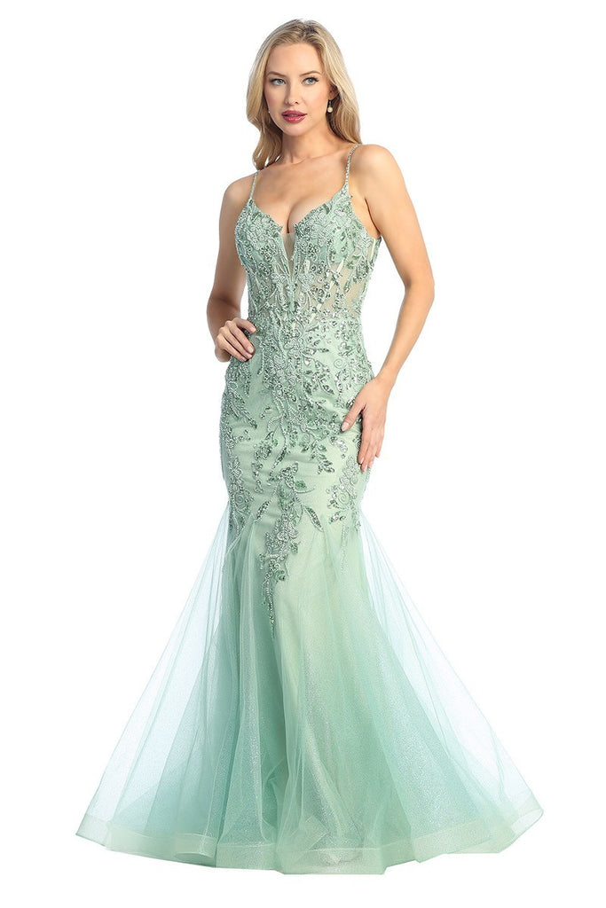 LF 7886 - Beaded Lace Embellished Fit & Flare Prom Gown with Sheer Cor ...