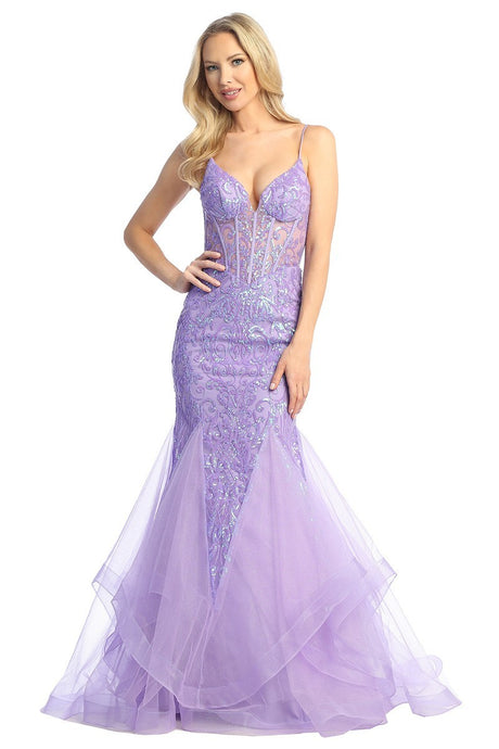 LF 7878 - Sequin Embellished Fit & Flare Prom Gown with Sheer Boned Corset Bodice & Tulle Skirt PROM GOWN Let's Fashion XS LAVENDER 