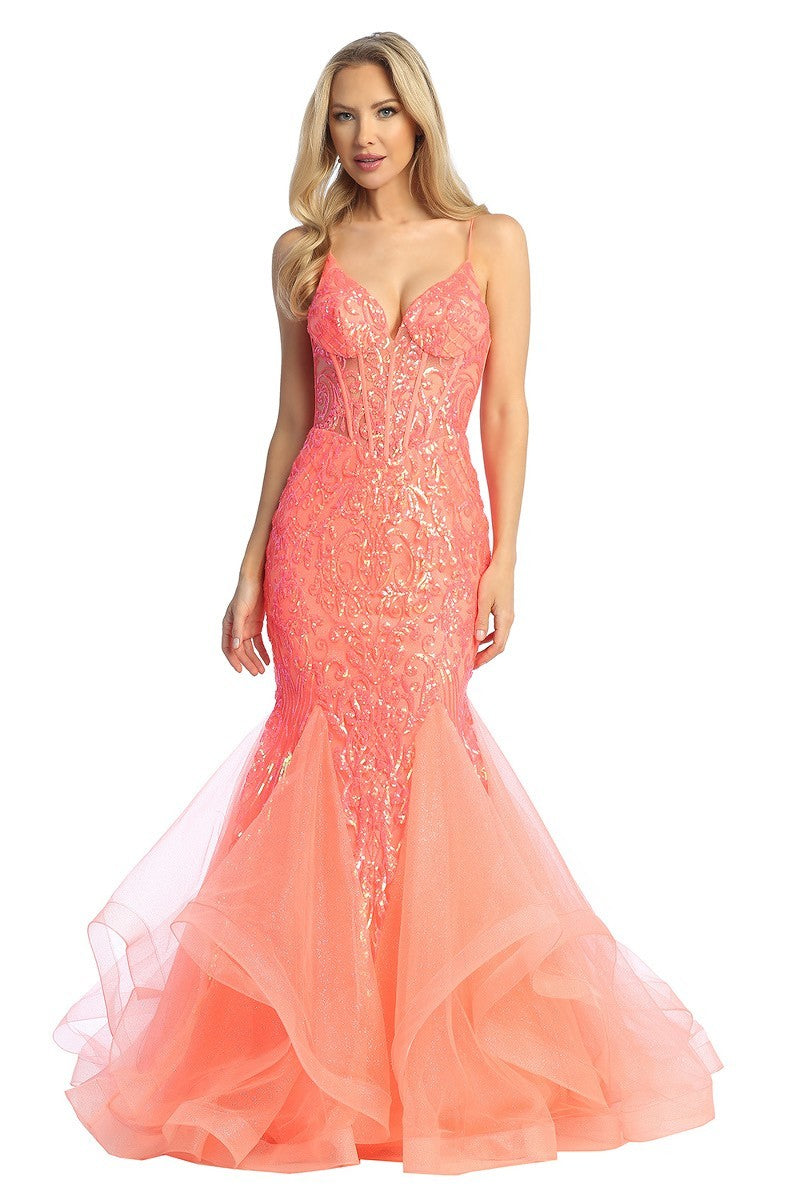 LF 7878 - Sequin Embellished Fit & Flare Prom Gown with Sheer Boned Co Diggz Formals LF 7878 - Sequin Embellished Fit & Flare Prom Gown with Sheer Boned Co Diggz Formals