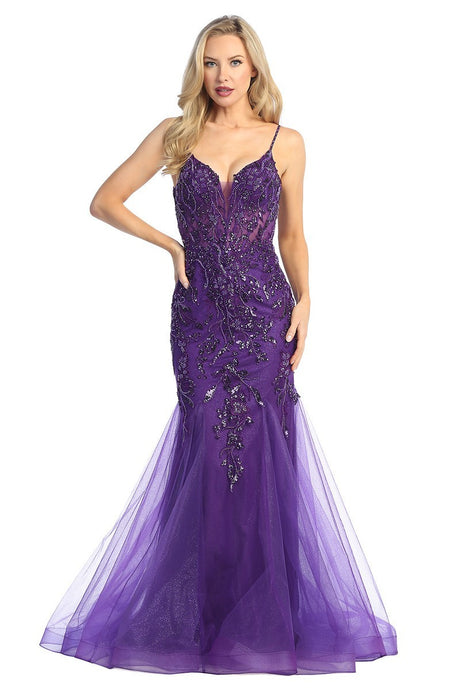 LF 7886 - Beaded Lace Embellished Fit & Flare Prom Gown with Sheer Corset Bodice & Open Lace Up Back PROM GOWN Let's Fashion XS PURPLE 