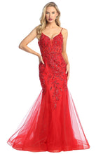 LF 7886 - Beaded Lace Embellished Fit & Flare Prom Gown with Sheer Corset Bodice & Open Lace Up Back PROM GOWN Let's Fashion XS RED 