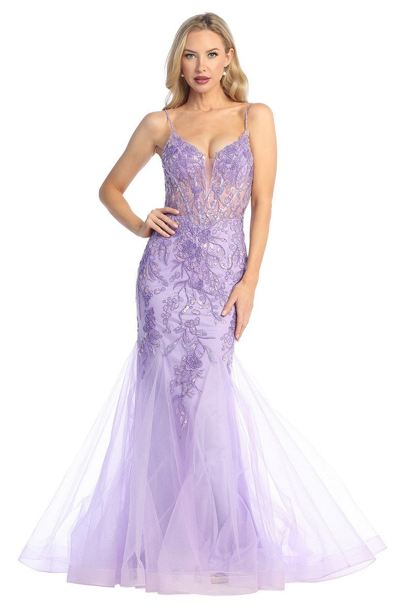 LF 7886 - Beaded Lace Embellished Fit & Flare Prom Gown with Sheer Corset Bodice & Open Lace Up Back 2XL / LAVENDER LF 7886 - Beaded Lace Embellished Fit & Flare Prom Gown with Sheer Corset Bodice & Open Lace Up Back 2XL / LAVENDER