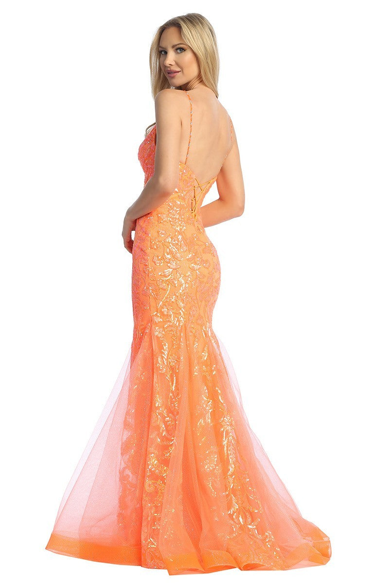 LF 7888 Sequin Embellished Fit & Flare Prom Gown with Sheer V-Neck Bodice & Lace Up Back XL / Royal Blue LF 7888 Sequin Embellished Fit & Flare Prom Gown with Sheer V-Neck Bodice & Lace Up Back XL / Royal Blue