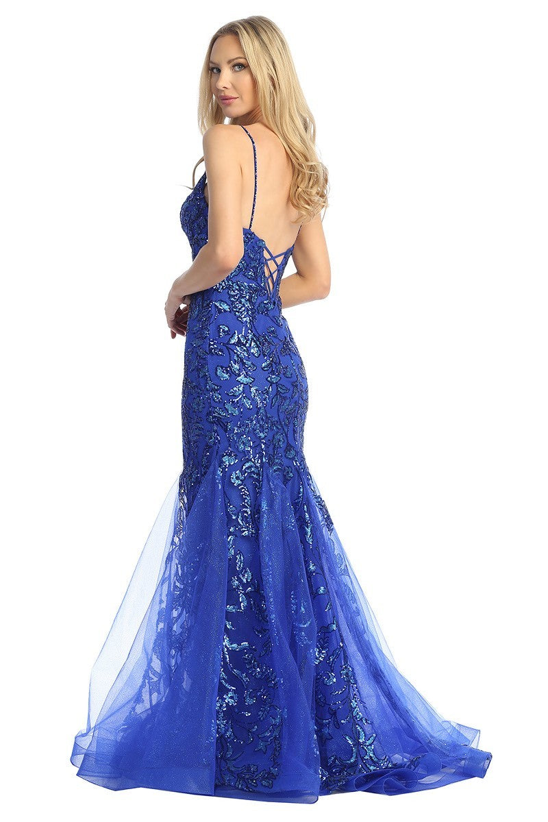 LF 7888 Sequin Embellished Fit & Flare Prom Gown with Sheer V-Neck Bodice & Lace Up Back XL / ROYAL BLUE LF 7888 Sequin Embellished Fit & Flare Prom Gown with Sheer V-Neck Bodice & Lace Up Back XL / ROYAL BLUE