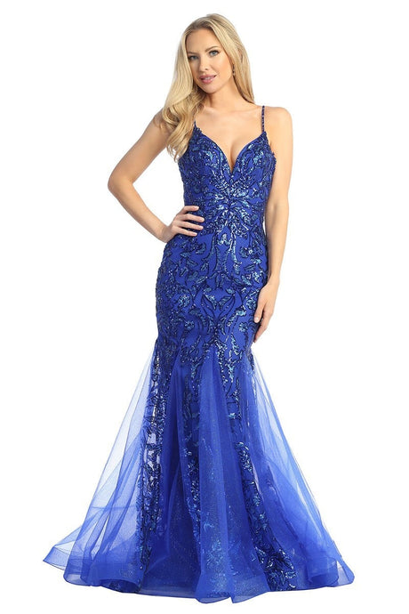 LF 7888 Sequin Embellished Fit & Flare Prom Gown with Sheer V-Neck Bodice & Lace Up Back PROM GOWN Let's Fashion XS ROYAL BLUE 