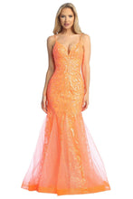 LF 7888 Sequin Embellished Fit & Flare Prom Gown with Sheer V-Neck Bodice & Lace Up Back PROM GOWN Let's Fashion XS ORANGE 