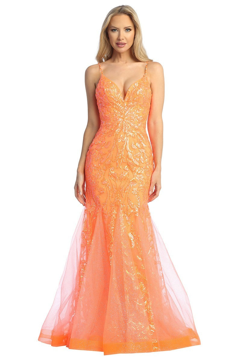 LF 7888 Sequin Embellished Fit & Flare Prom Gown with Sheer V-Neck Bodice & Lace Up Back XL / Royal Blue LF 7888 Sequin Embellished Fit & Flare Prom Gown with Sheer V-Neck Bodice & Lace Up Back XL / Royal Blue