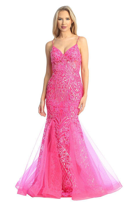 LF 7890 - Sequin Patterned Fit & Flare Prom Gown with Sheer Boned Bodice & Open Lace Up Corset Back PROM GOWN Let's Fashion XS FUCHSIA 