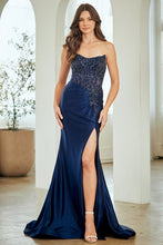 AC 8059 - Strapless Satin Fit & Flare Prom Gown with Sheer Beaded Embroidered Scoop Neck Corset Bodice Lace Up Back & Leg Slit Prom Gown Amelia Couture 0 Navy