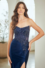 AC 8059 - Strapless Satin Fit & Flare Prom Gown with Sheer Beaded Embroidered Scoop Neck Corset Bodice Lace Up Back & Leg Slit Prom Gown Amelia Couture