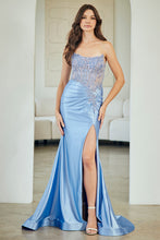 AC 8059 - Strapless Satin Fit & Flare Prom Gown with Sheer Beaded Embroidered Scoop Neck Corset Bodice Lace Up Back & Leg Slit Prom Gown Amelia Couture 0 Periwinkle