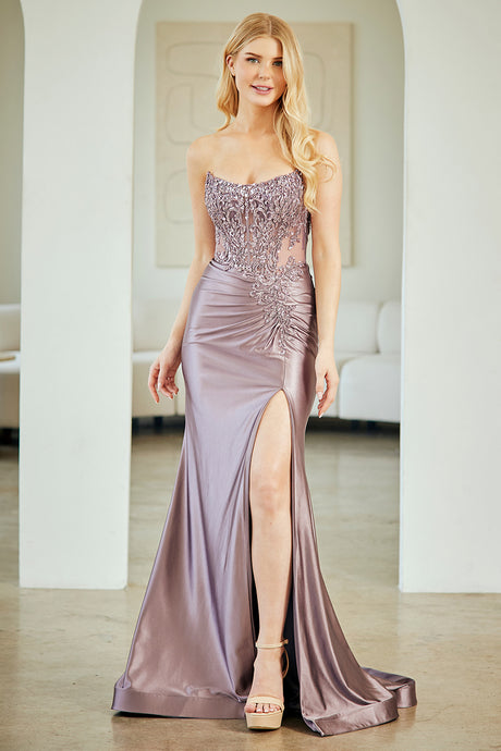 AC 8059 - Strapless Satin Fit & Flare Prom Gown with Sheer Bone Embroidered Scoop Neck Bodice Lace Up Back & Leg Slit