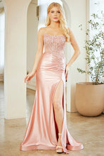 AC 8059 - Strapless Satin Fit & Flare Prom Gown with Sheer Beaded Embroidered Scoop Neck Corset Bodice Lace Up Back & Leg Slit Prom Gown Amelia Couture 0 Blush