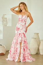AC 8060 - Strapless Floral Print Chiffon Fit & Flare Prom Gown with Leg Slit & Lace Up Back Prom Gown Amelia Couture 0 Pink