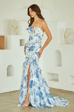 AC 8060 - Strapless Floral Print Chiffon Fit & Flare Prom Gown with Leg Slit & Lace Up Back Prom Gown Amelia Couture