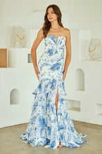 AC 8060 - Strapless Floral Print Chiffon Fit & Flare Prom Gown with Leg Slit & Lace Up Back Prom Gown Amelia Couture 0 Blue