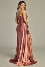 LF 8140 - Stretch Satin Fit & Flare Prom Gown with Rhinestone Trimmed Bodice Leg Slit Side Sash & Open Lace Up Back PROM GOWN Let's Fashion