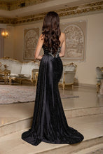 MQ 8244 - Crystal Embellished Stretch Satin Fit & Flare Prom Gown with Sheer Structured Corset Bodice Leg Slit & Open Lace Up Back PROM GOWN May Queen