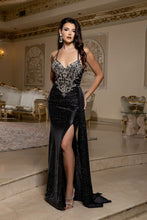 MQ 8244 - Crystal Embellished Stretch Satin Fit & Flare Prom Gown with Sheer Structured Corset Bodice Leg Slit & Open Lace Up Back PROM GOWN May Queen 2 Black