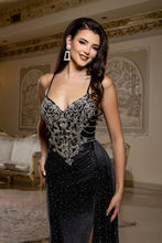 MQ 8244 - Crystal Embellished Stretch Satin Fit & Flare Prom Gown with Sheer Structured Corset Bodice Leg Slit & Open Lace Up Back PROM GOWN May Queen
