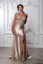 MQ 8244 - Crystal Embellished Stretch Satin Fit & Flare Prom Gown with Sheer Structured Corset Bodice Leg Slit & Open Lace Up Back PROM GOWN May Queen 2 Champagne