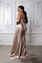 MQ 8244 - Crystal Embellished Stretch Satin Fit & Flare Prom Gown with Sheer Structured Corset Bodice Leg Slit & Open Lace Up Back PROM GOWN May Queen