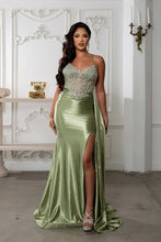 MQ 8244 - Crystal Embellished Stretch Satin Fit & Flare Prom Gown with Sheer Structured Corset Bodice Leg Slit & Open Lace Up Back PROM GOWN May Queen 2 Olive