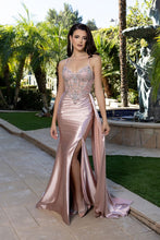 MQ 8244 - Crystal Embellished Stretch Satin Fit & Flare Prom Gown with Sheer Structured Corset Bodice Leg Slit & Open Lace Up Back PROM GOWN May Queen 2 Blush