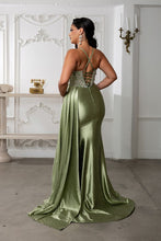 MQ 8244 - Crystal Embellished Stretch Satin Fit & Flare Prom Gown with Sheer Structured Corset Bodice Leg Slit & Open Lace Up Back PROM GOWN May Queen