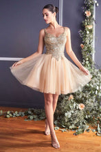 CD 9239 - Short A-Line Homecoming Dress with Glitter Embellished V-Neck Bodice & Layered Tulle Skirt Homecoming Cinderella Divine XXS CHAMPAGNE GOLD 